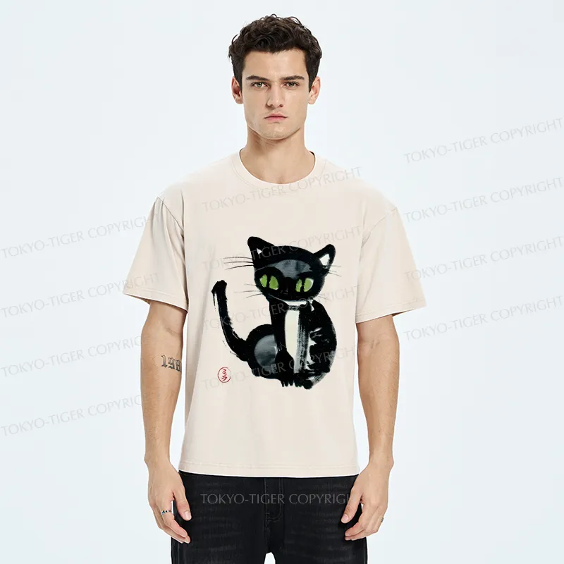 Tokyo-Tiger Ink Painting Cat Washed T-Shirt