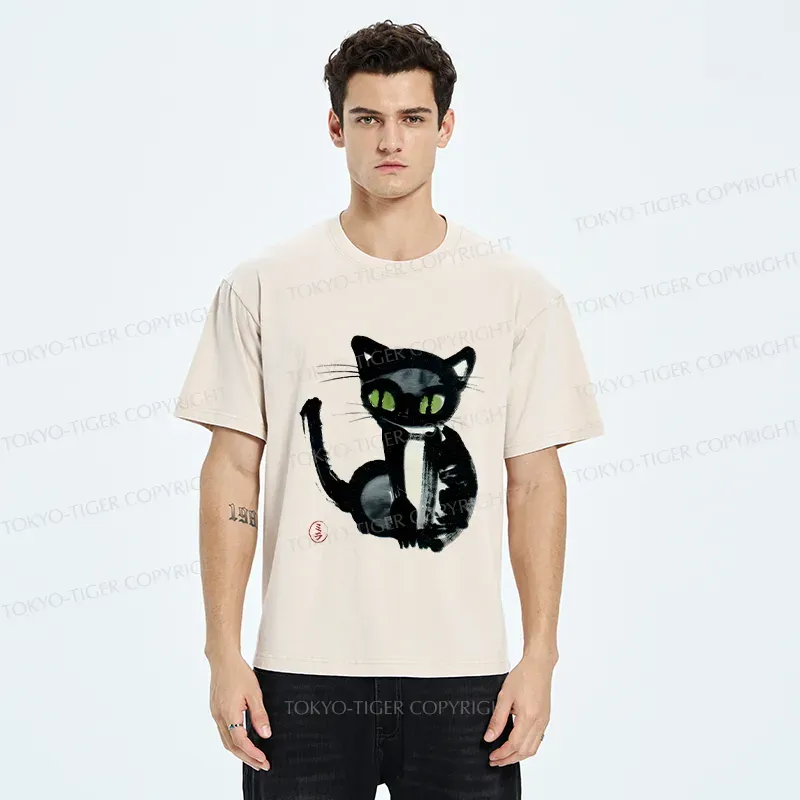 Tokyo-Tiger Ink Painting Cat Washed T-Shirt