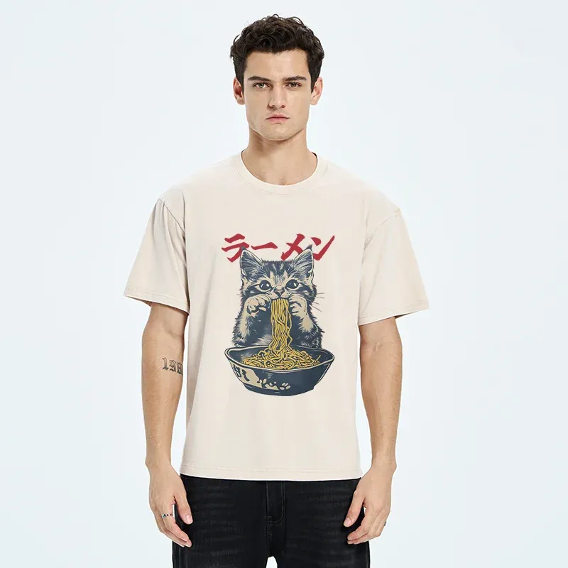 Tokyo-Tiger Cute Cat Is Eating Ramen Washed T-Shirt