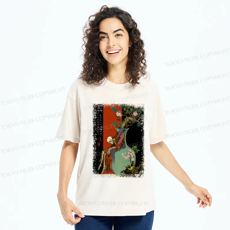 Tokyo-Tiger Flower Skeleton  Japanese Ukiyoe Halloween Poster Washed T-Shirt 