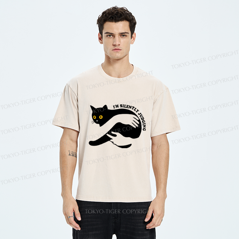 Tokyo-Tiger Black Cat In Arms Judging You Washed T-Shirt