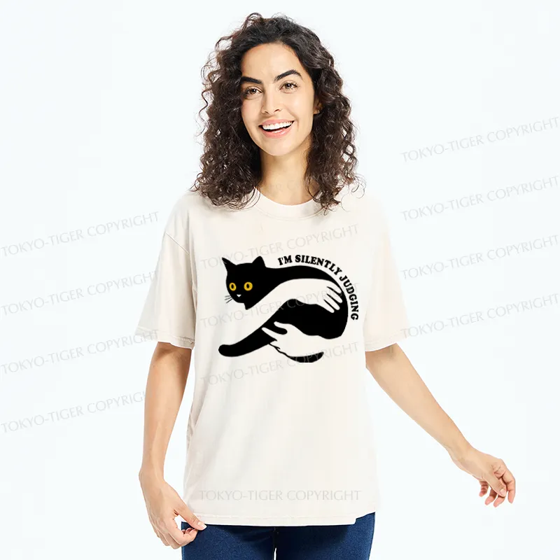 Tokyo-Tiger Black Cat In Arms Judging You Washed T-Shirt