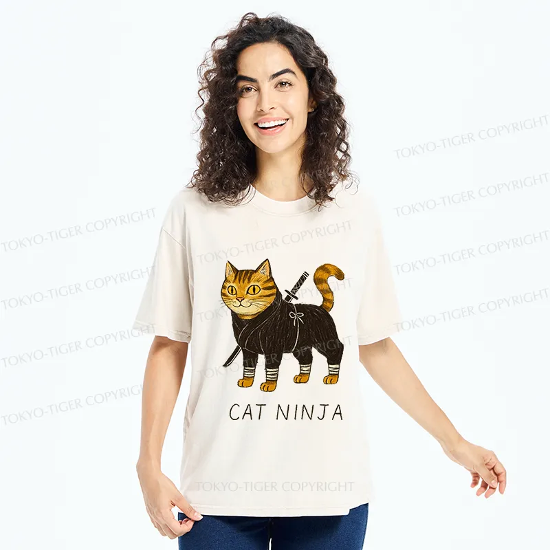 Tokyo-Tiger Cute Ninja Cat Washed T-Shirt
