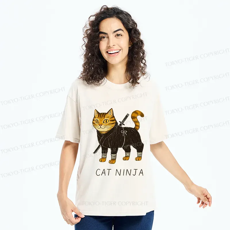 Tokyo-Tiger Cute Ninja Cat Washed T-Shirt