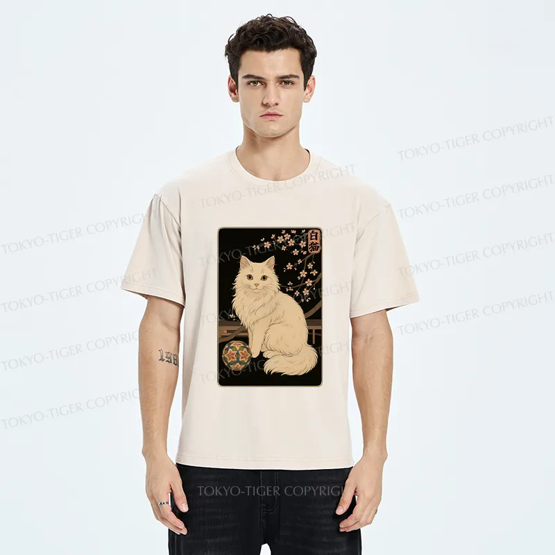 Tokyo-Tiger Retro White Cat Washed T-Shirt