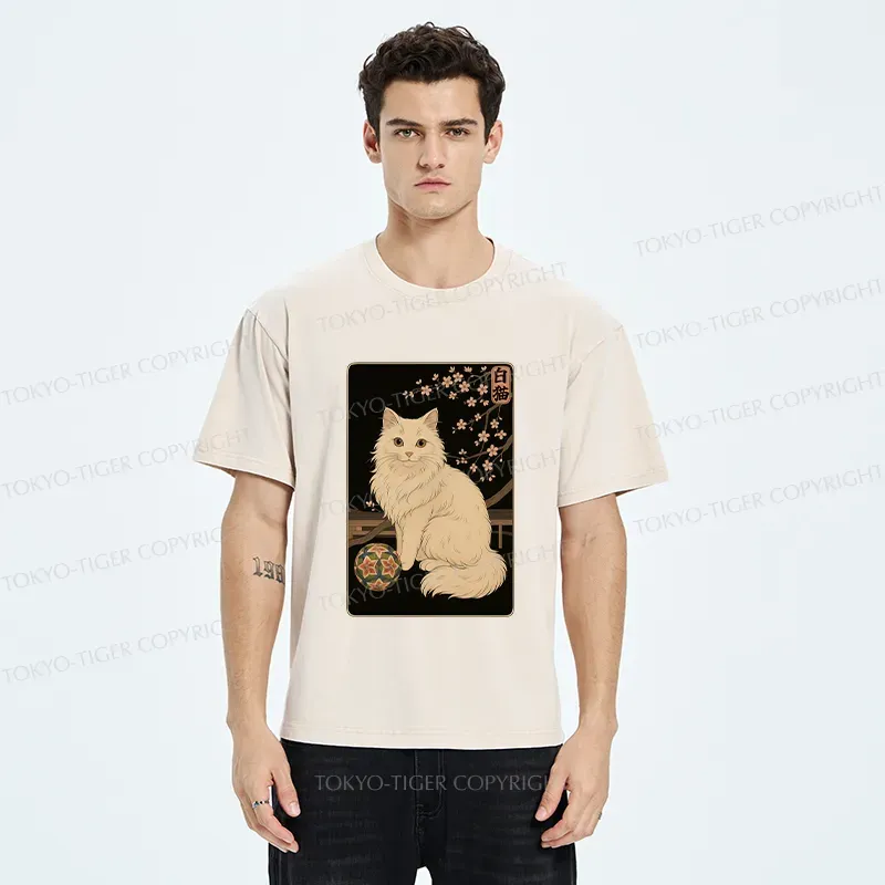 Tokyo-Tiger Retro White Cat Washed T-Shirt