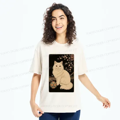 Tokyo-Tiger Retro White Cat Washed T-Shirt