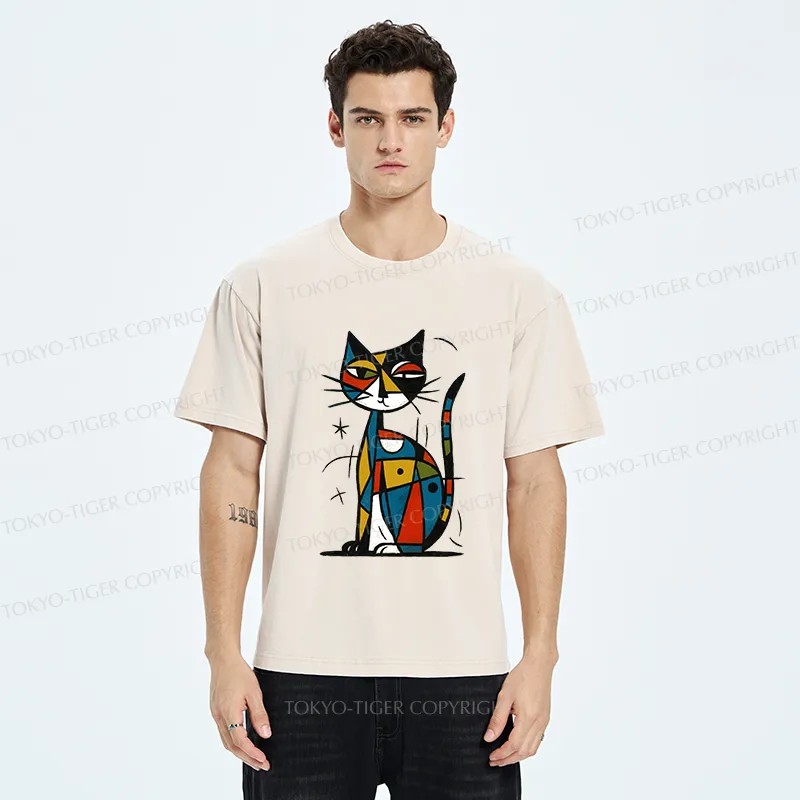 Tokyo-Tiger Abstract Japanese Cat Washed T-Shirt