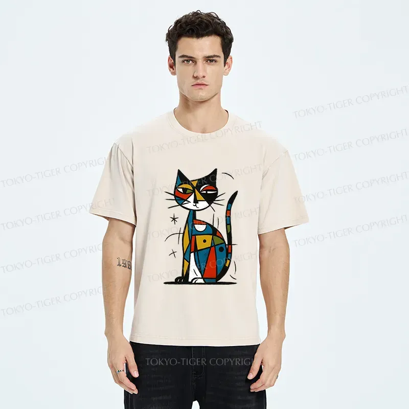 Tokyo-Tiger Abstract Japanese Cat Washed T-Shirt