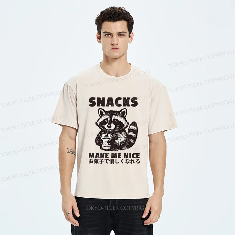 Tokyo-Tiger Raccoon Eating Snacks Washed T-Shirt
