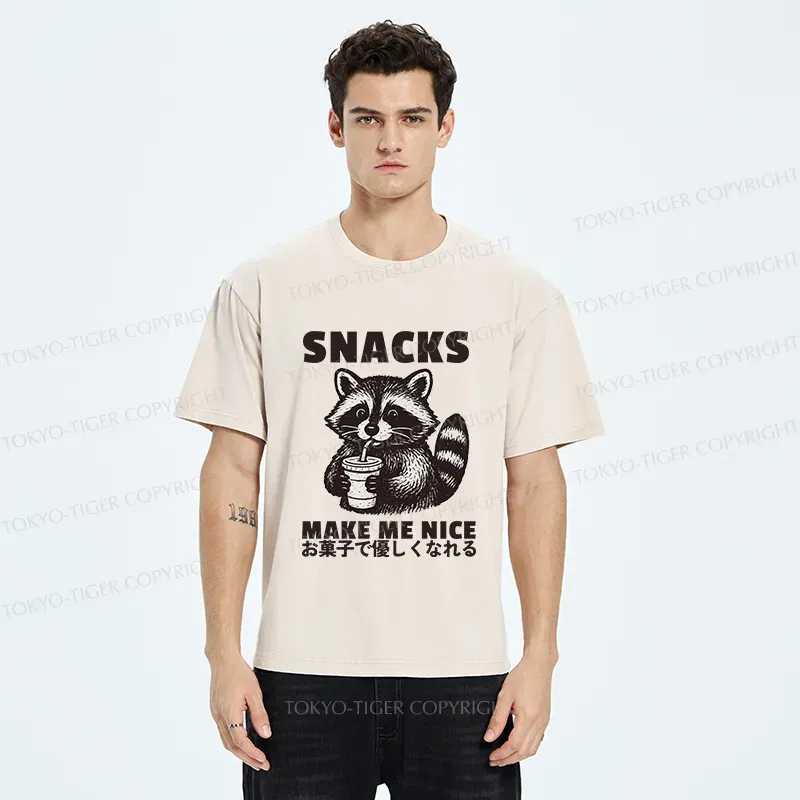 Tokyo-Tiger Raccoon Eating Snacks Washed T-Shirt