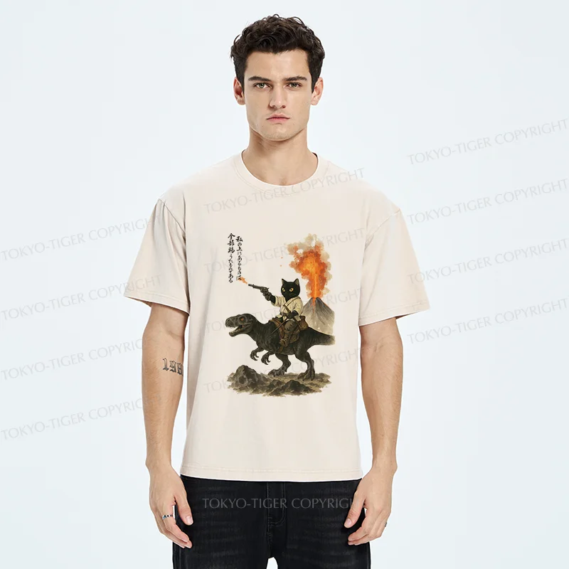 Tokyo-Tiger Cat Riding A Dinosaur Washed T-Shirt