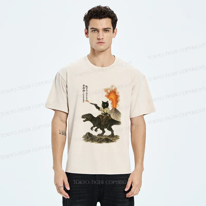 Tokyo-Tiger Cat Riding A Dinosaur Washed T-Shirt