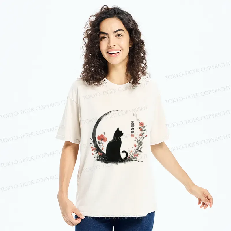 Tokyo-Tiger Black Cat And Flowers Washed T-Shirt