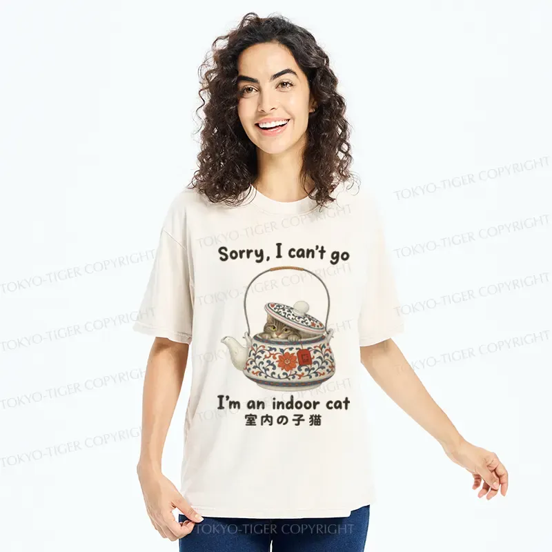 Tokyo-Tiger Cat Hiding In The Tea Set Washed T-Shirt