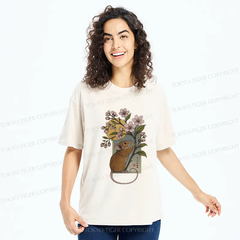 Tokyo-Tiger Young Mice And Sakura Washed T-Shirt