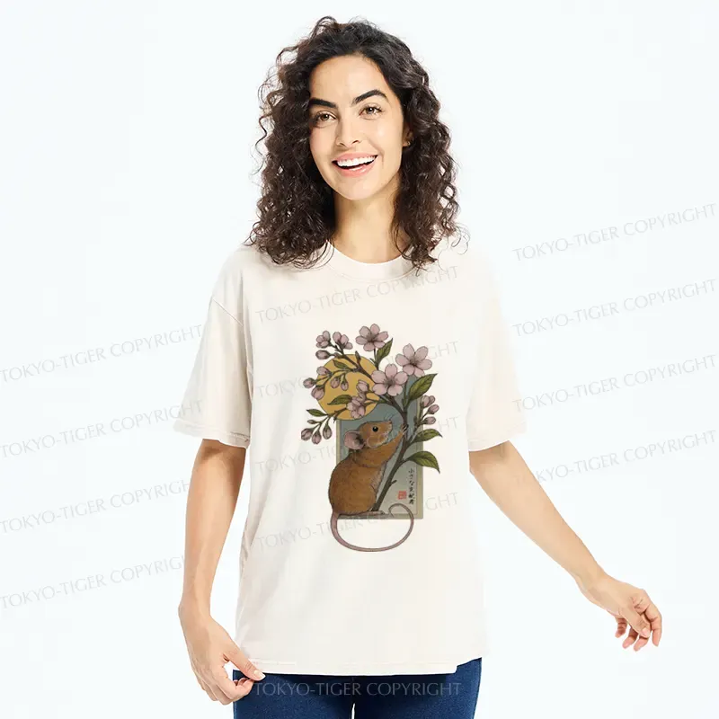 Tokyo-Tiger Young Mice And Sakura Washed T-Shirt