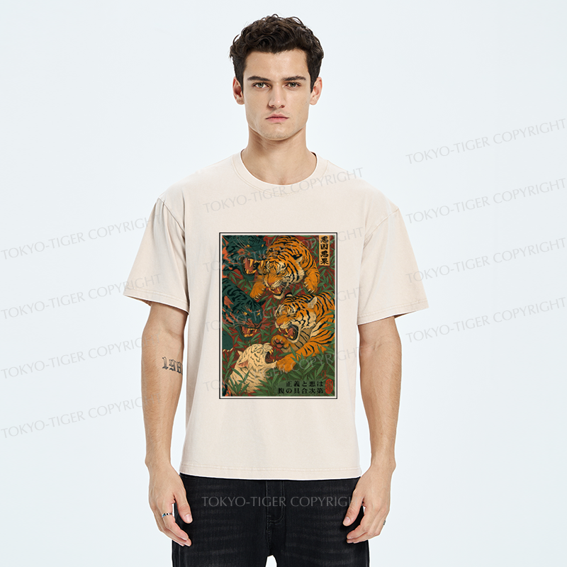 Tokyo-Tiger Vintage Ukiyoe Tiger Poster Washed T-Shirt