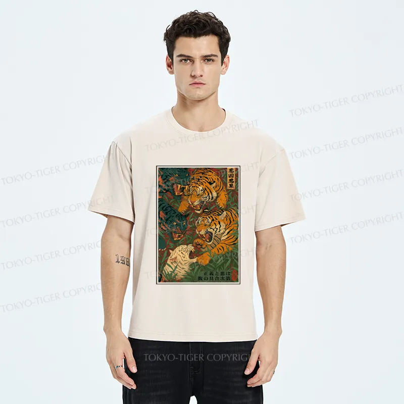 Tokyo-Tiger Vintage Ukiyoe Tiger Poster Washed T-Shirt