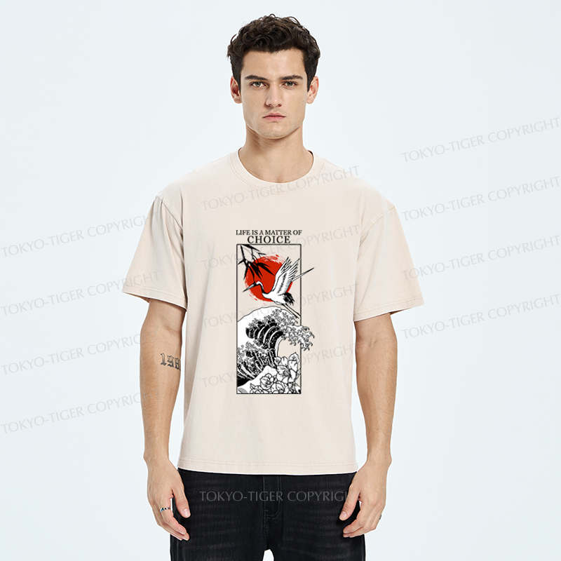 Tokyo-Tiger Japanese Crane And Wave Kanji Washed T-Shirt