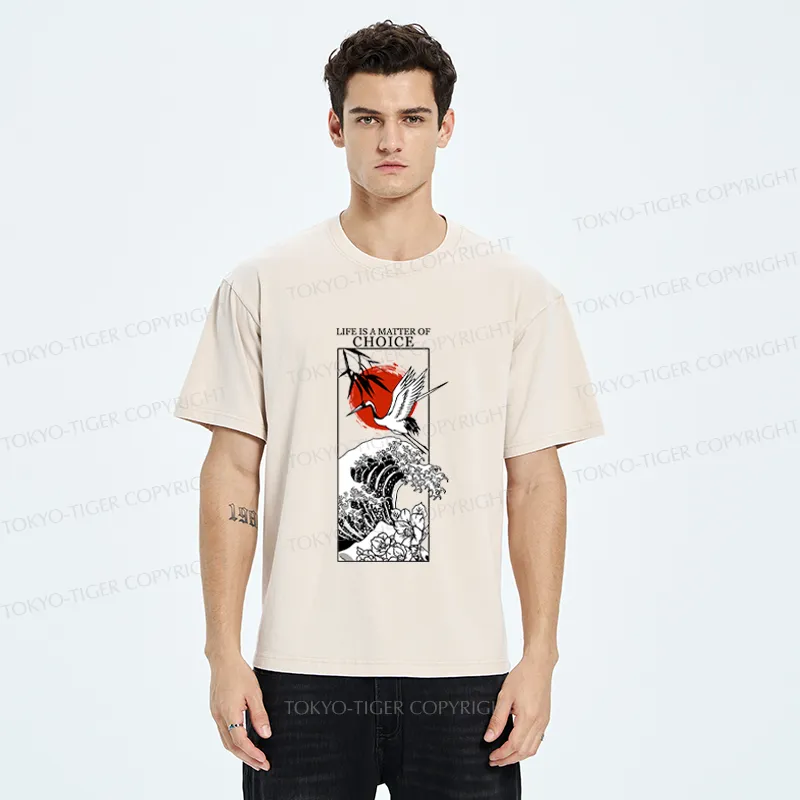 Tokyo-Tiger Japanese Crane And Wave Kanji Washed T-Shirt