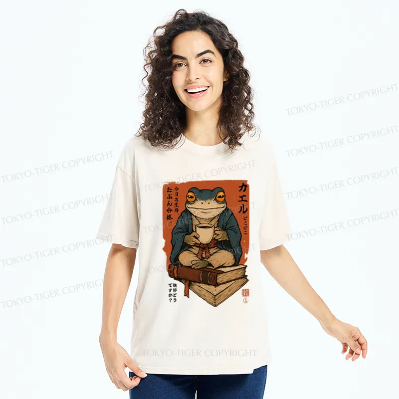 Tokyo-Tiger Funny Ukiyoe Frog drinking coffee on books Washed T-Shirt
