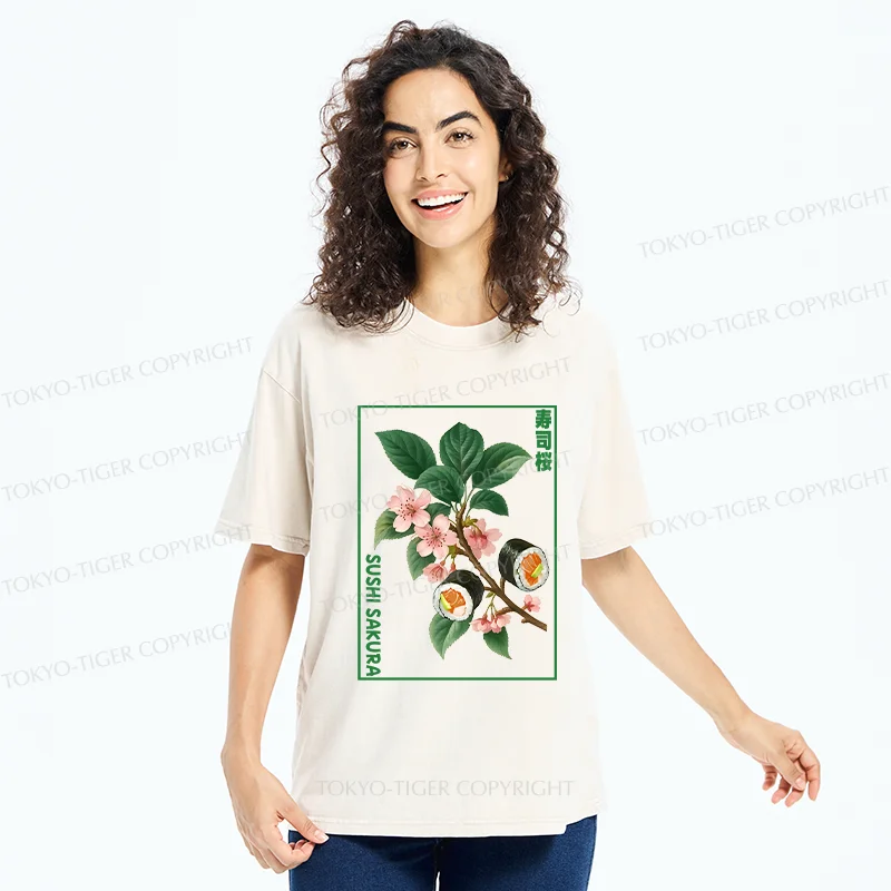 Tokyo-Tiger Sushi Sakura Tree Washed T-Shirt