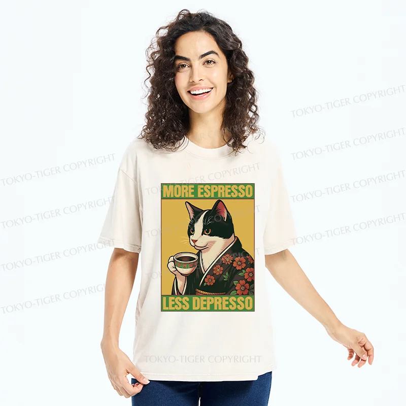 Tokyo-Tiger Tuxedo Cat Drinking Coffee Washed T-Shirt