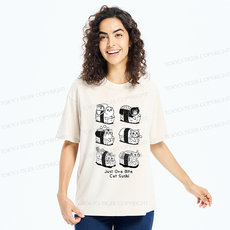 Tokyo-Tiger Funny Eat Cat Sushi meme Washed T-Shirt