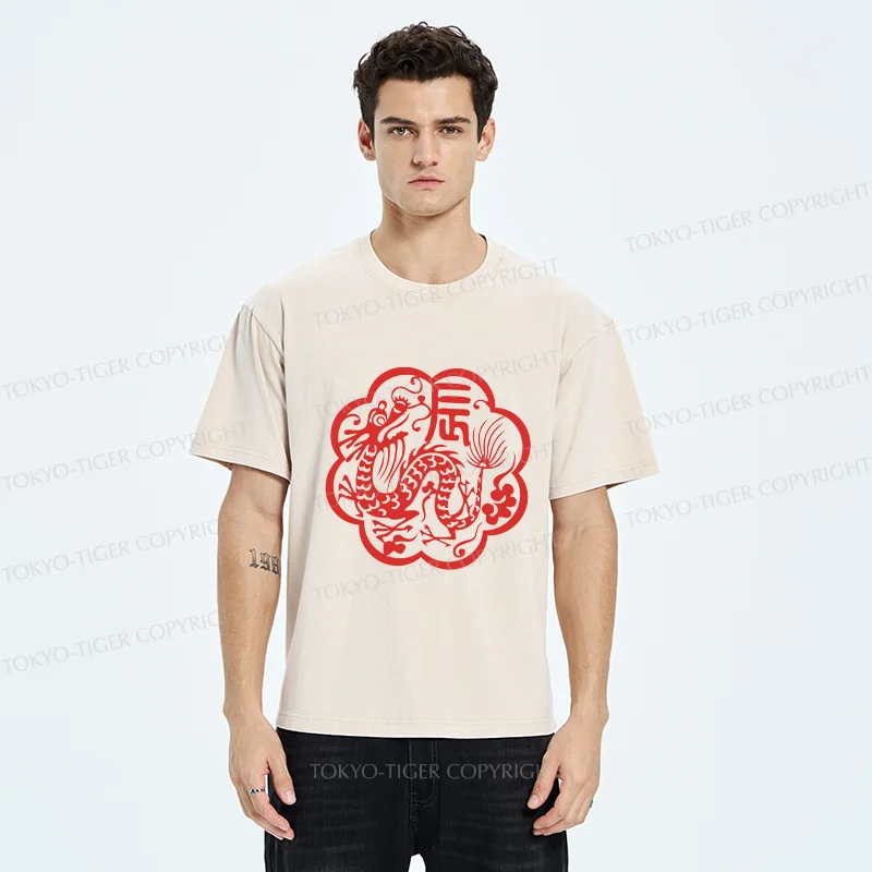 Tokyo-Tiger Dragon Paper Cutting Washed T-Shirt