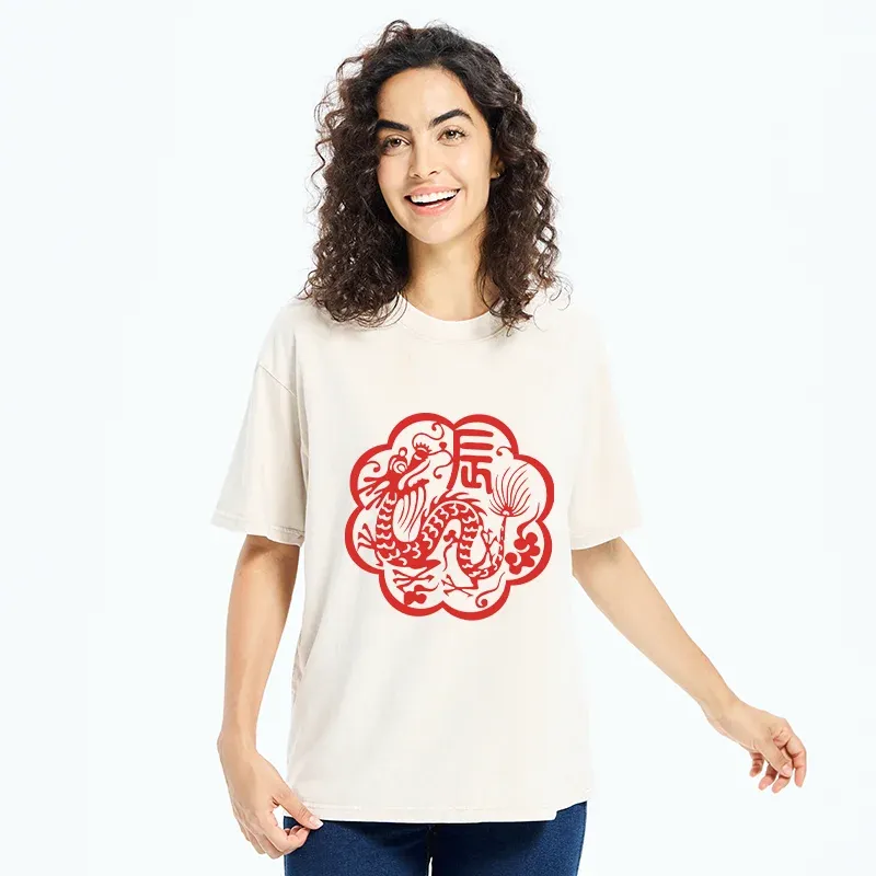 Tokyo-Tiger Dragon Paper Cutting Washed T-Shirt
