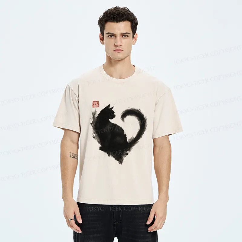 Tokyo-Tiger Funny Heart-Shaped Ink Cat  Washed T-Shirt