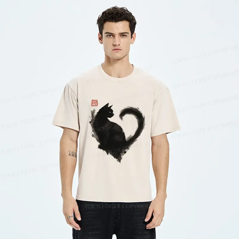 Tokyo-Tiger Funny Heart-Shaped Ink Cat  Washed T-Shirt
