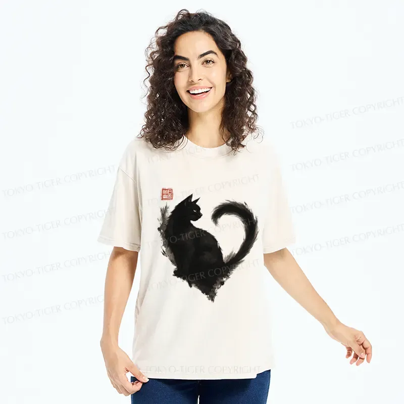 Tokyo-Tiger Funny Heart-Shaped Ink Cat  Washed T-Shirt