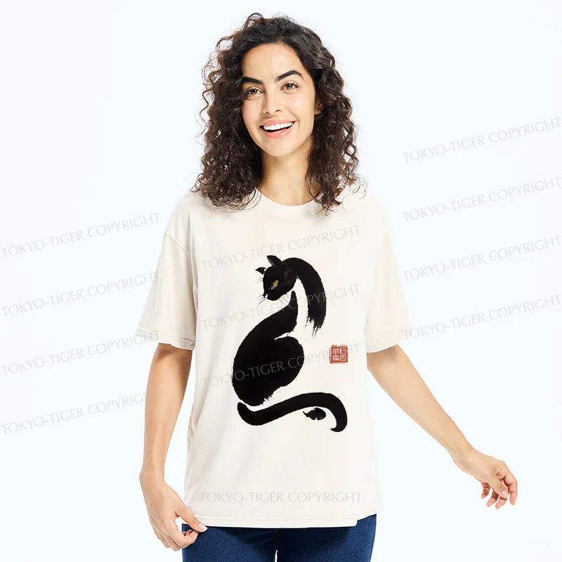 Tokyo-Tiger Elegant Black Cat Washed T-Shirt