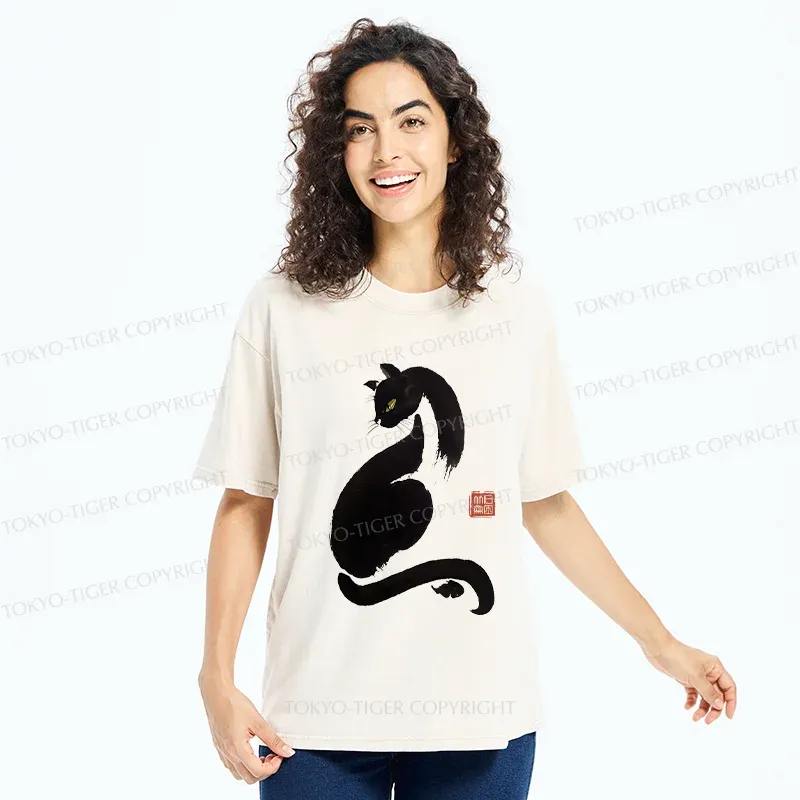 Tokyo-Tiger Elegant Black Cat Washed T-Shirt