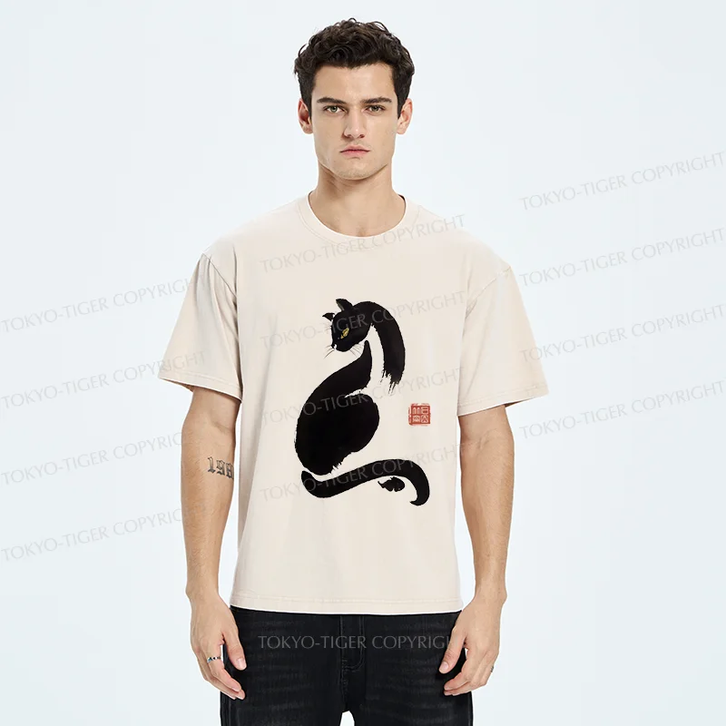 Tokyo-Tiger Elegant Black Cat Washed T-Shirt