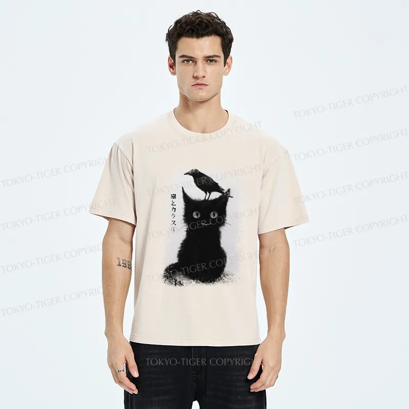 Tokyo-Tiger Funny Cat And Crow Washed T-Shirt