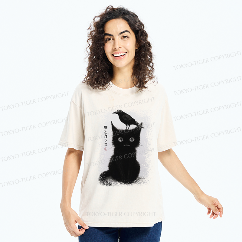 Tokyo-Tiger Funny Cat And Crow Washed T-Shirt