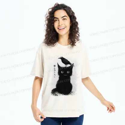 Tokyo-Tiger Funny Cat And Crow Washed T-Shirt
