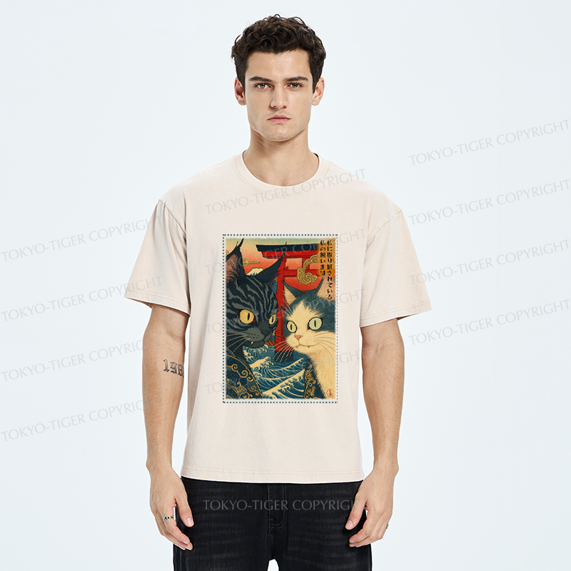Tokyo-Tiger Ukiyoe Cat Teased Owner Poster Washed T-Shirt