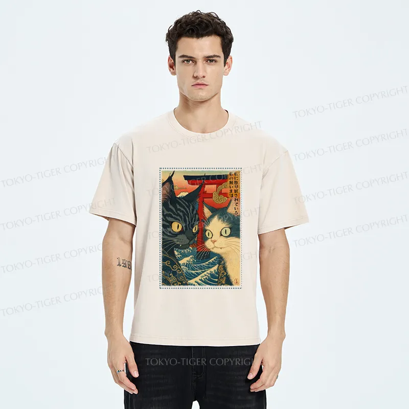 Tokyo-Tiger Ukiyoe Cat Teased Owner Poster Washed T-Shirt