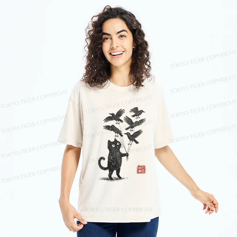 Tokyo-Tiger Cat And The Captured Crow Washed T-Shirt