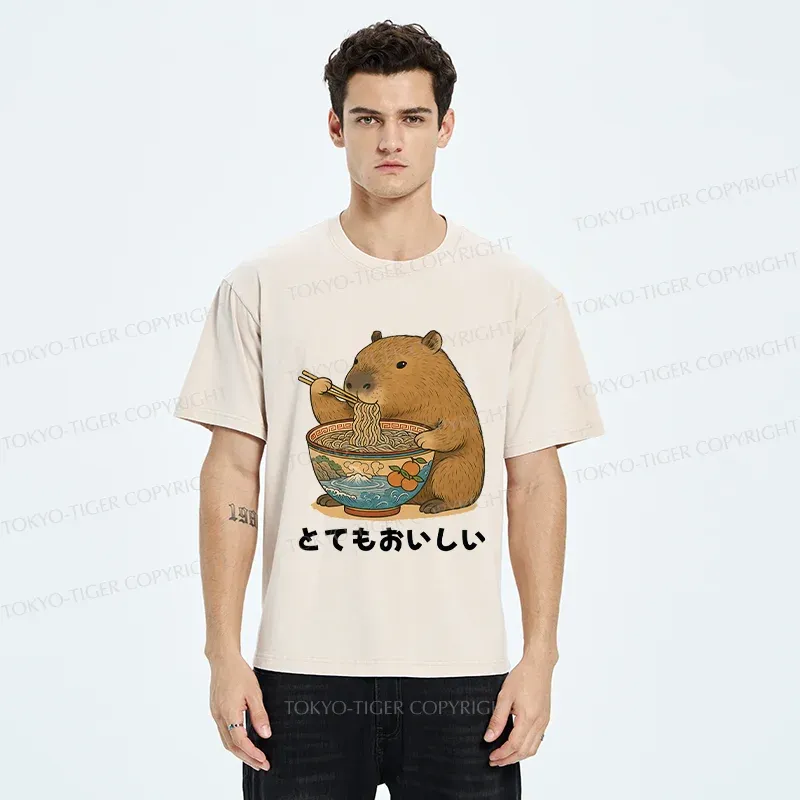 Tokyo-Tiger Capybara Eating Ramen Japan Washed T-Shirt