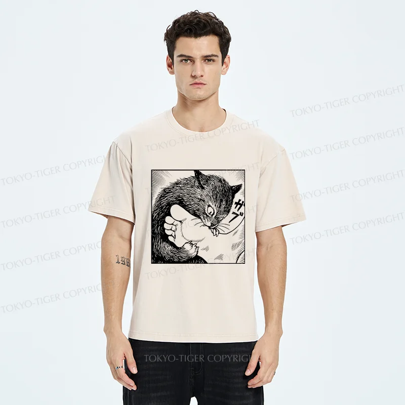 Tokyo-Tiger Cat Bites Feet Washed T-Shirt