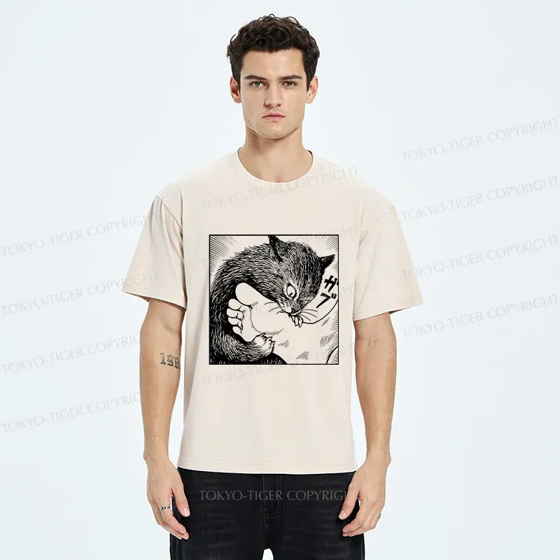 Tokyo-Tiger Cat Bites Feet Washed T-Shirt