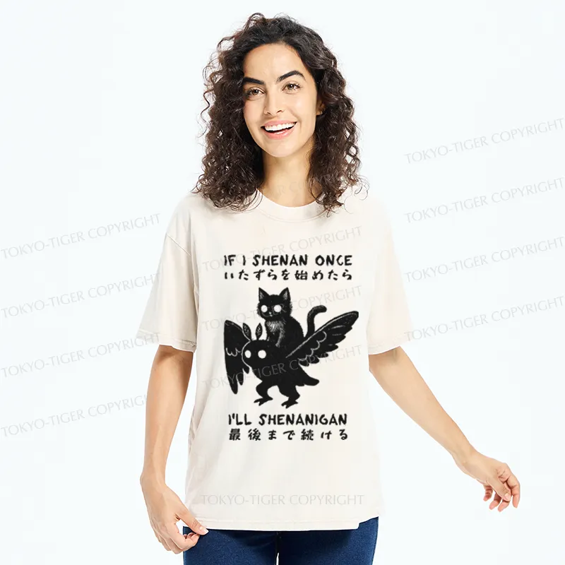 Tokyo-Tiger Funny Cat Riding Mothman Meme Washed T-Shirt