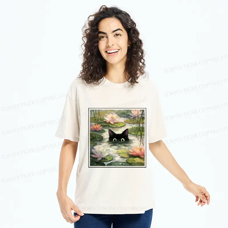 Tokyo-Tiger Black Cat and Lotus Flower Washed T-Shirt