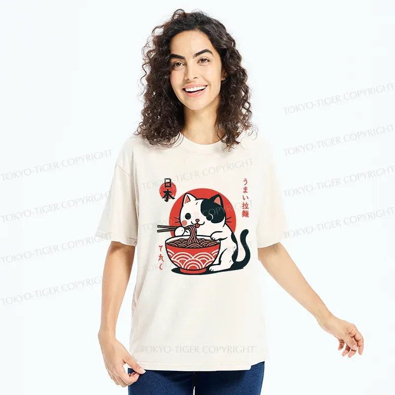 Tokyo-Tiger Cute Kitten Eating Ramen Washed T-Shirt
