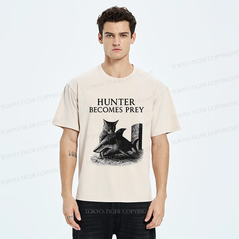 Tokyo-Tiger Cat Eats Shark Washed T-Shirt